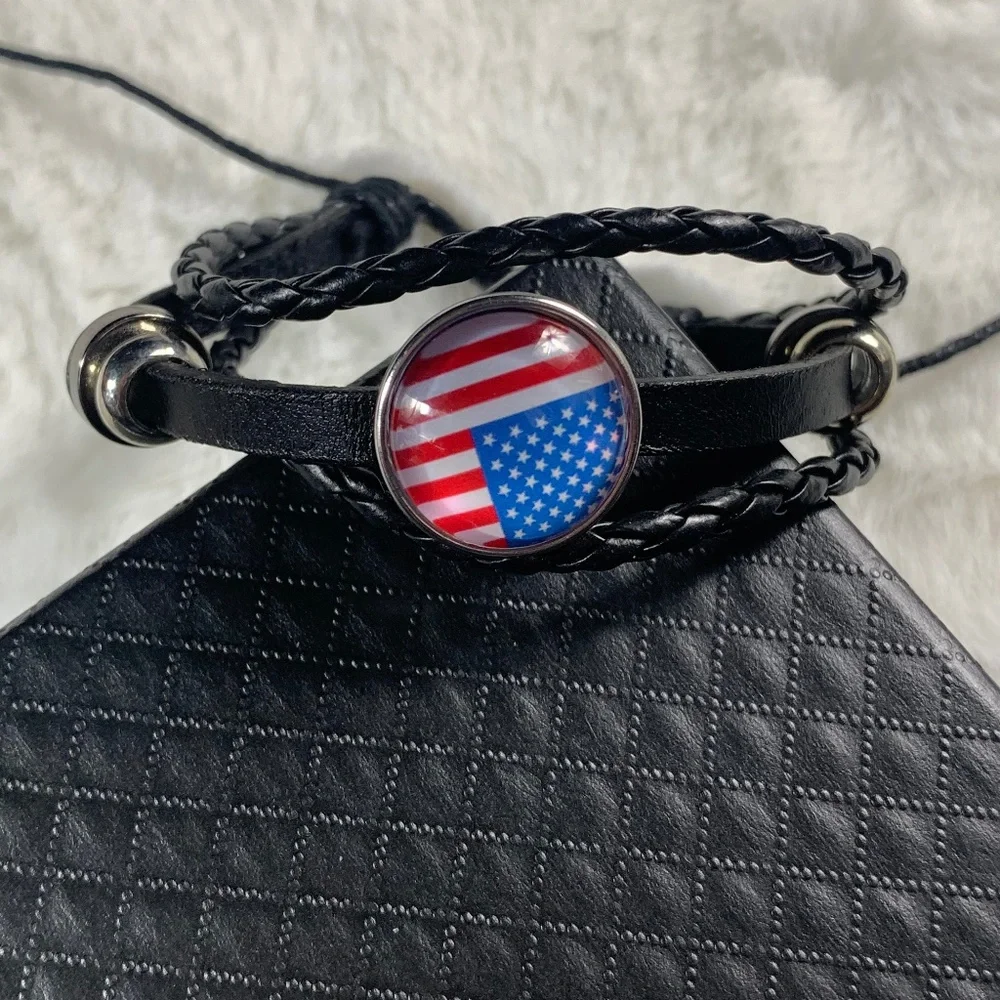 Glass Enameled American Flag Snap Button Faux Leather Multi Strand Bracelet
